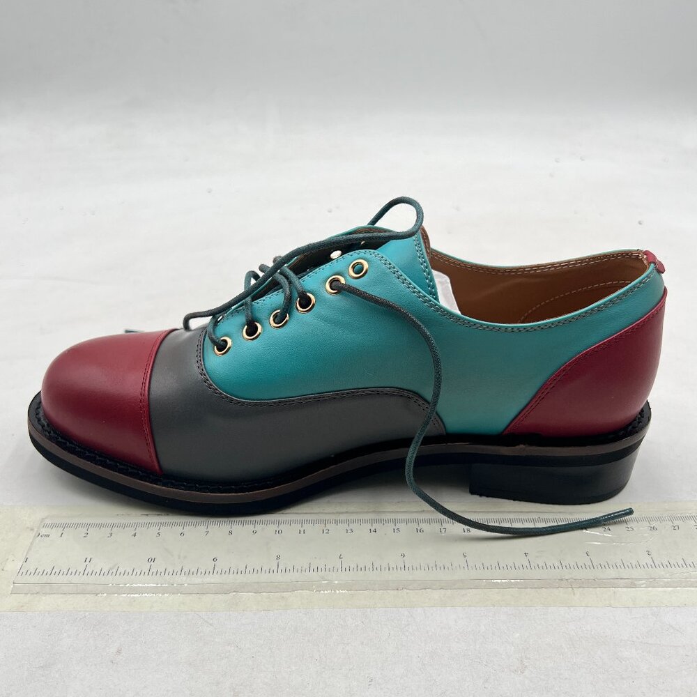 FSJ Blue Multicolor Leather Round Cap Toe Lace Up Brogues Patchwork Oxford Shoes - Picture 2 of 8